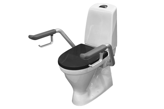 Care 721 Raised Height Toilet, S Trap, Double Flap Black Soft Close Seat, Grey Support Arms