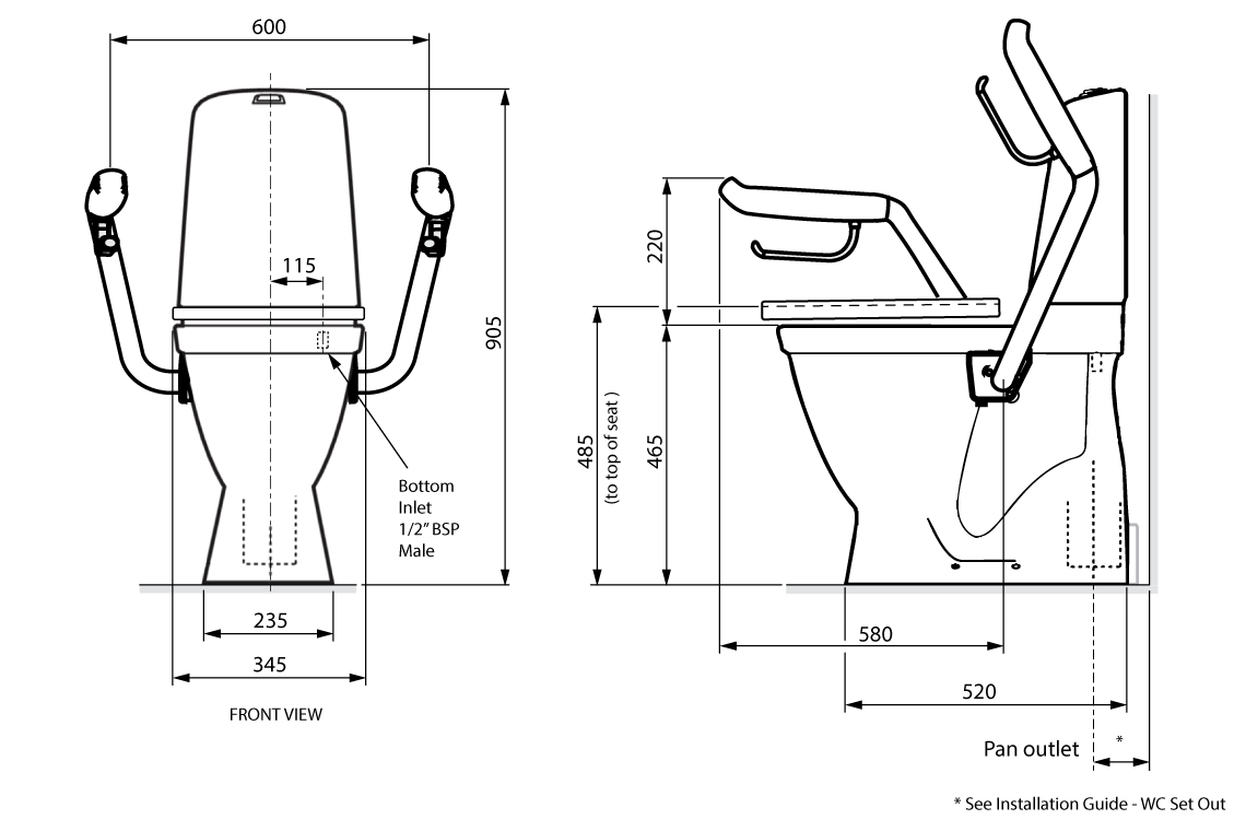 Care 721 Raised Height Toilet, S Trap, Double Flap White Soft Close Seat, Grey Support Arms
