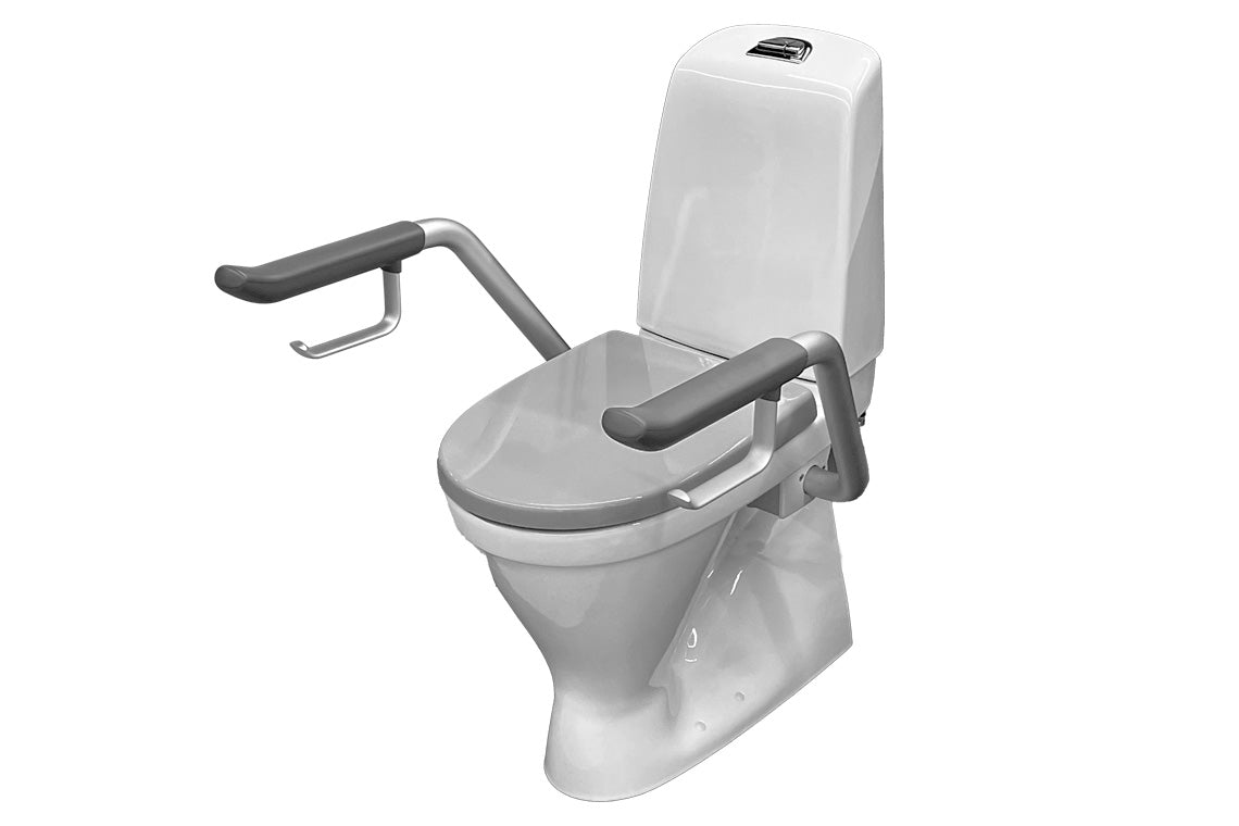 Care 721: Raised Height toilet, S Trap, Raised dual flush button, manhattan grey soft close seat, grey support arms