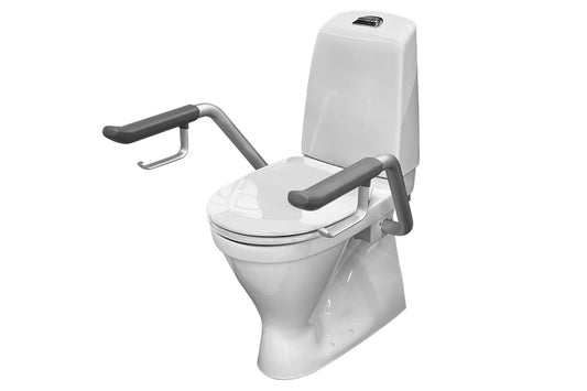 Care 721 Raised height Toilet, S Trap, Raised Dual Flush Button, White Care Seat, Grey Support Arms