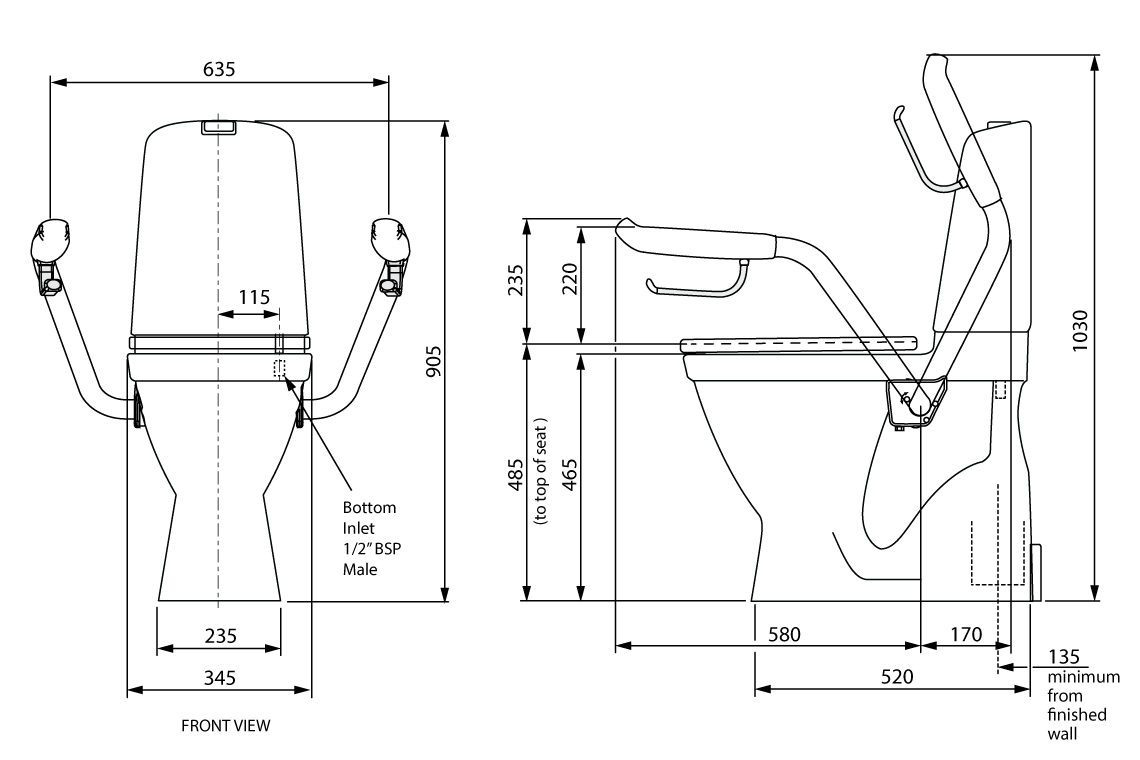 Care 7211: Raised height toilet, S Trap, Raised dual flush button, grey soft close seat, grey support arms, Nurse call button