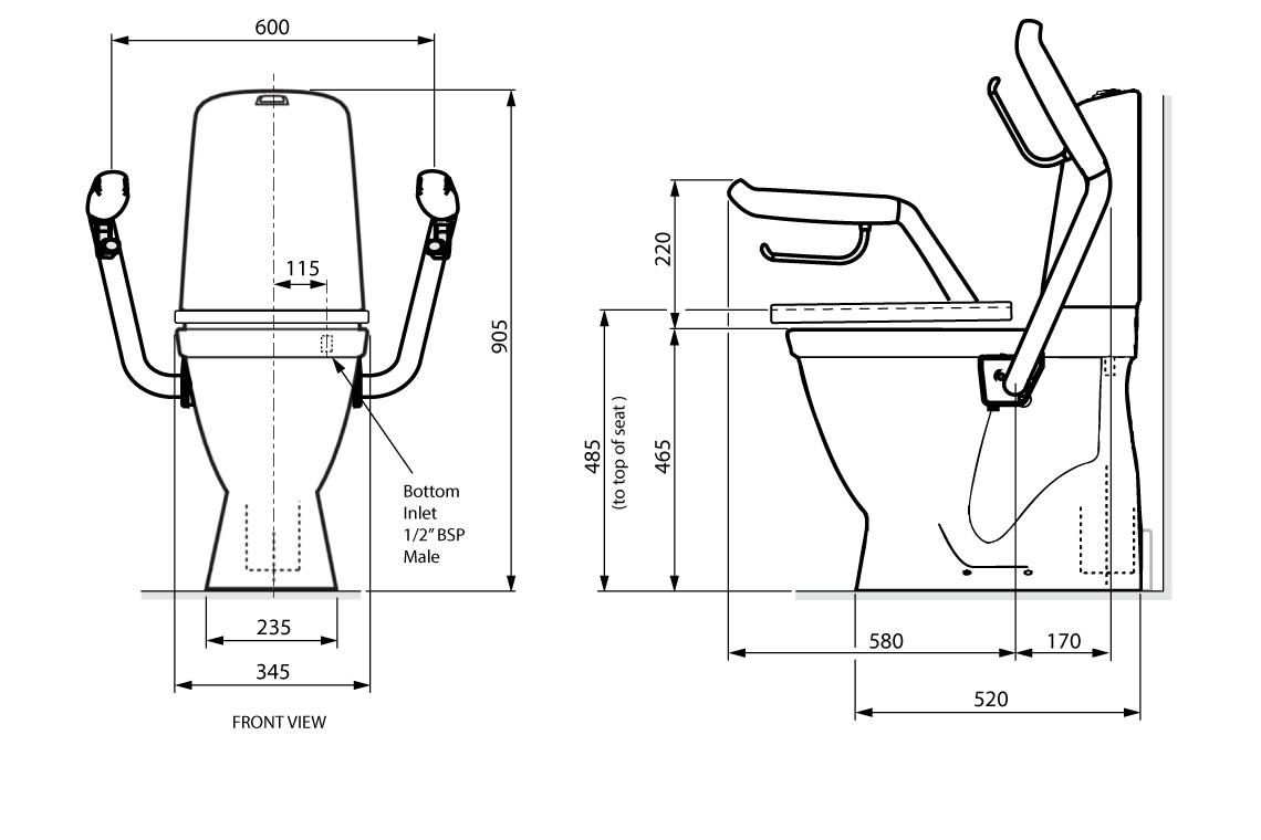 Care Support Arms - Aluminium with Grey Handles and Toilet Roll Holders for Care 700 Series Toilets - with Nurse Call