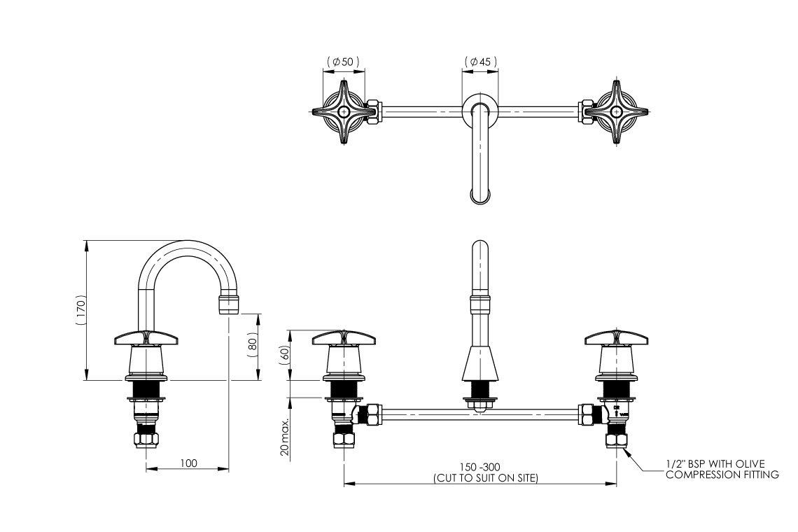 Concealed Spindle Basin Set with SP001 Fixed Spout - Jumper Valve