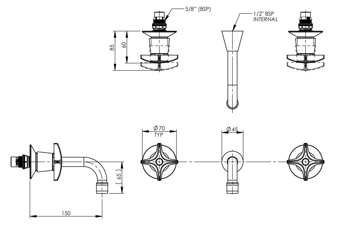 Concealed Spindle Wall Set with SP201 Fixed Aerated Spout - 1/2 Turn Ceramic Disc