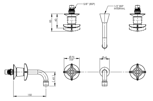 Concealed Spindle Wall Set with SP201 Fixed Aerated Spout - 1/2 Turn Ceramic Disc