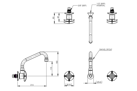 Concealed Spindle Recess Set with SP110 Swivel Aerated Spout - 1/2 Turn Ceramic Disc