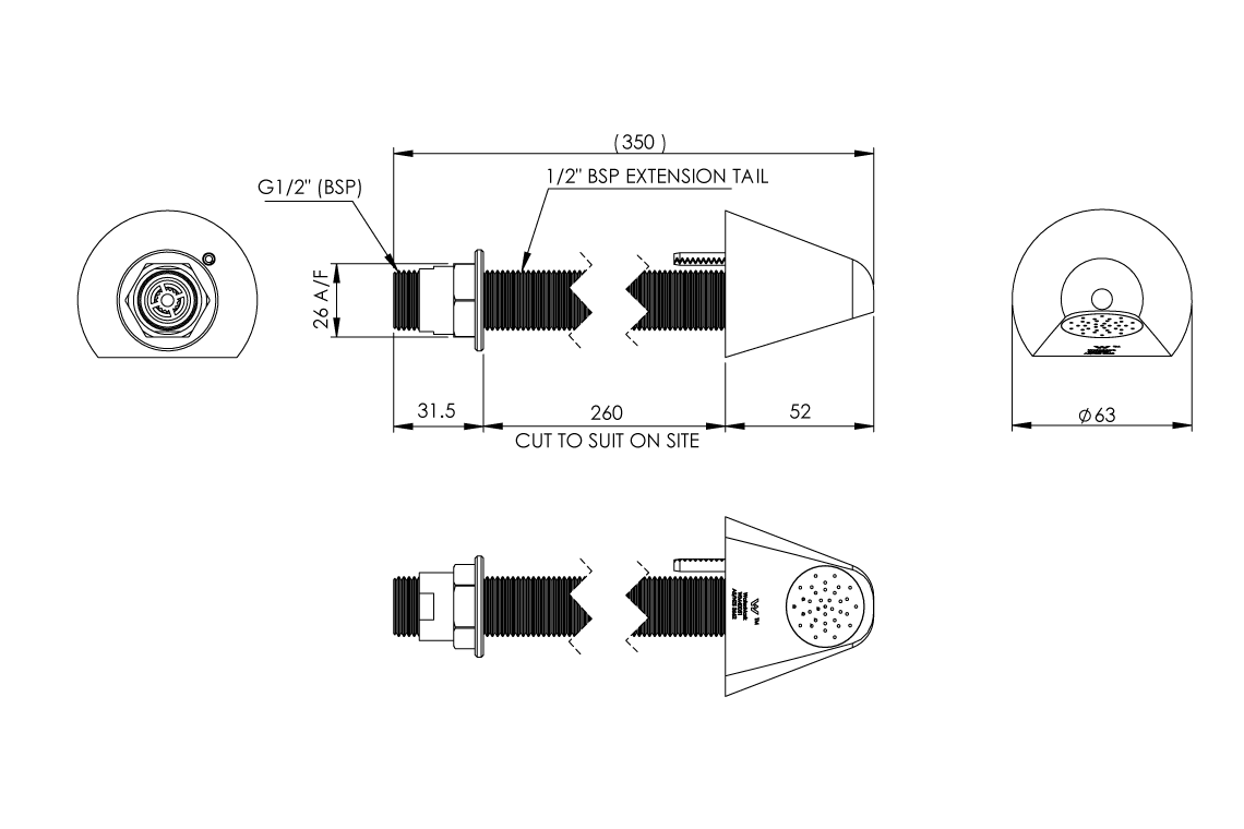 Detention Conical Shower Wall Mounted - Shower Rose with Female 1/2 €_x009d_ Inlet - Suit Wall Thickness Up To 280mm