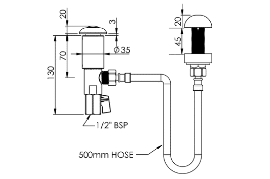 Detention: Push Button Basin Control and  Outlet Assembly - Right Angle Body To Suit Spring Action