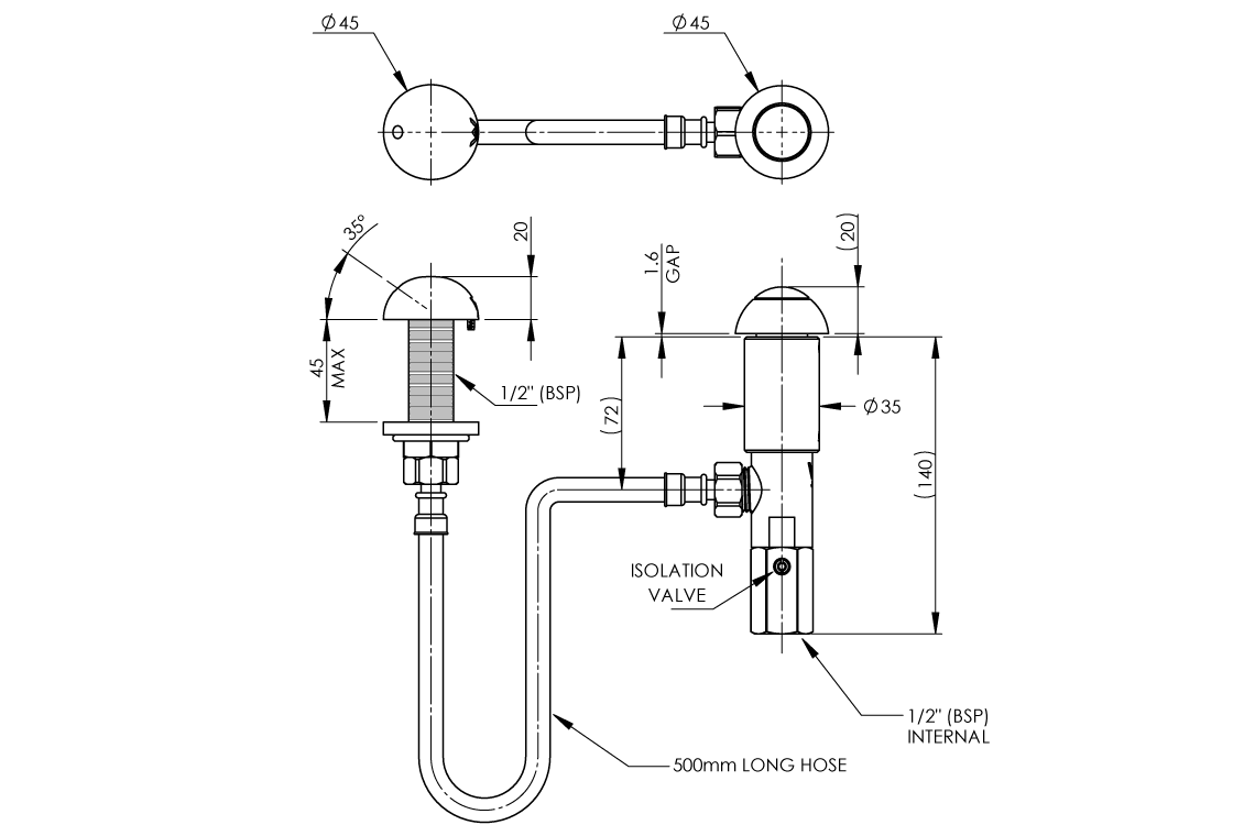 Detention Push Button Basin Control and Outlet Assembly - Right Angle Body to Suit Spring Action