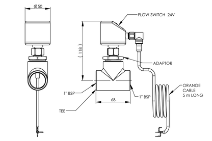 24V Flow Switch Adjustable Stainless Steel 316 - 1" for Emergency Shower