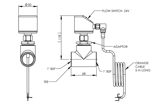 24V Flow Switch Adjustable Stainless Steel 316 - 1" for Emergency Shower