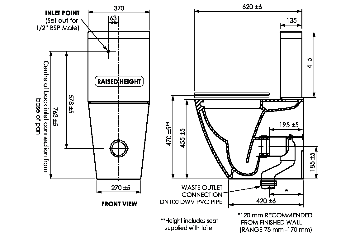 Curve Back to Wall Close-Coupled Toilet Suite - Raised Height