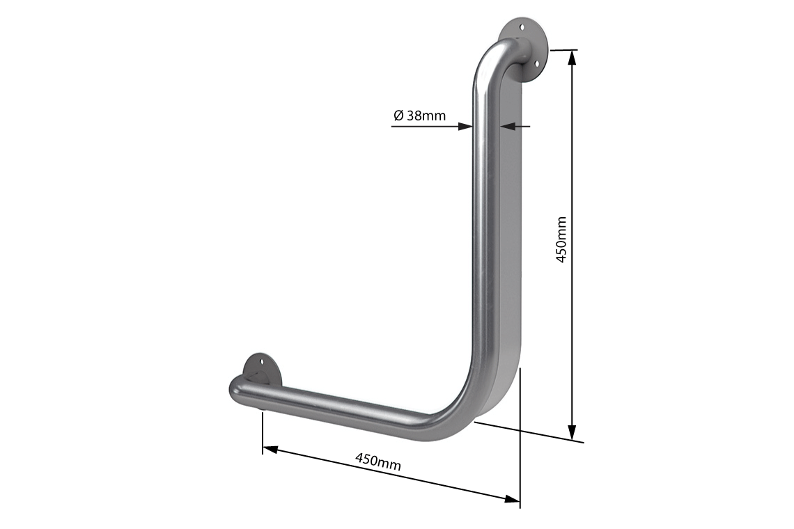 Wellbeing Grab Rail Anti-Ligature Ambulant - Brushed Stainless Steel - 450 x 450mm 90° - Left Hand
