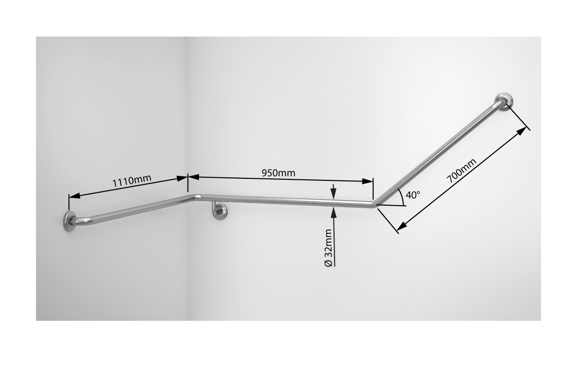 Wellbeing Accessible Toilet Angled Corner Grab Rail with 40 ° Bend - Left Hand - Brushed Stainless Steel