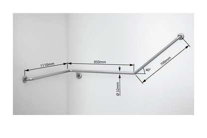Wellbeing Accessible Toilet Angled Corner Grab Rail with 40 ° Bend - Left Hand - Brushed Stainless Steel