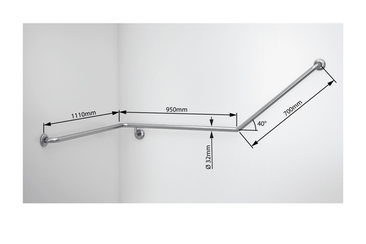 Wellbeing Accessible Toilet Angled Corner Grab Rail with 40 ° Bend - Left Hand - Brushed Stainless Steel