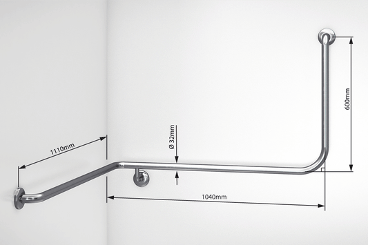 Wellbeing Accessible Toilet Angled Corner Grab Rail with 90 ° Bend - Left Hand - Brushed Stainless Steel