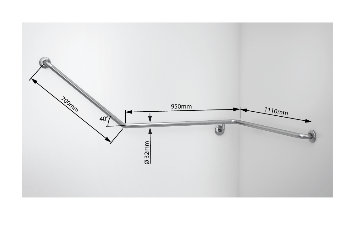 Wellbeing Accessible Toilet Angled Corner Grab Rail with 40 ° Bend - Right Hand - Brushed Stainless Steel