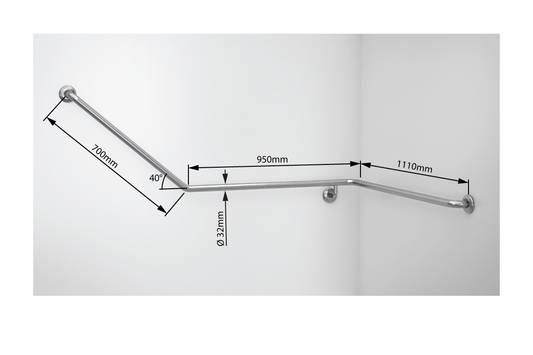 Wellbeing Accessible Toilet Angled Corner Grab Rail with 40 ° Bend - Right Hand - Brushed Stainless Steel