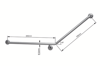 Wellbeing Accessible Toilet Grab Rail with 40° Bend - Left Hand - Brushed Stainless Steel