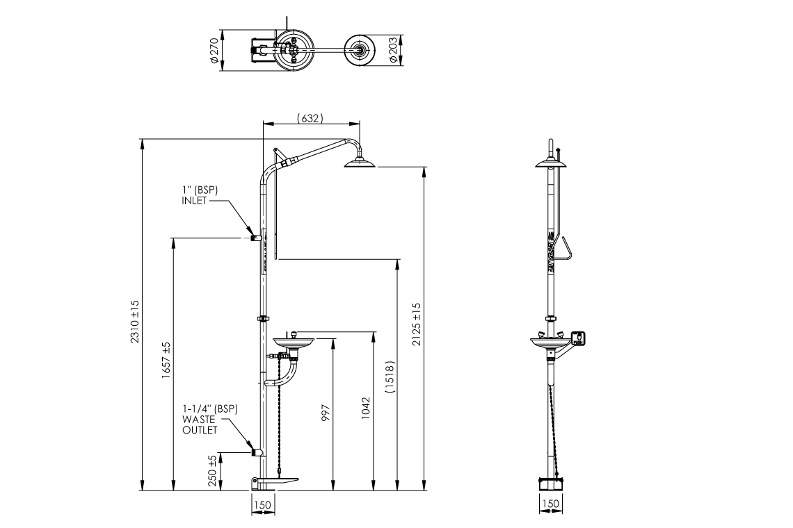 Emergency Stainless Steel Combination Shower Hand/Foot Operated Eye Wash