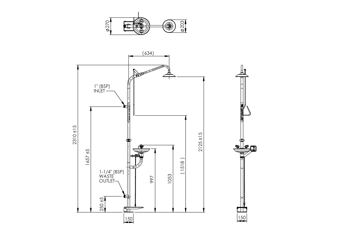 Emergency Stainless Steel Combination Shower with Hand/Foot Operated Eye/Face Wash