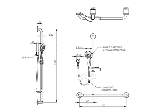 Chrome Hand Held Shower and Smooth Hose - Left Hand Inverted T Stainless Steel Grab Rail