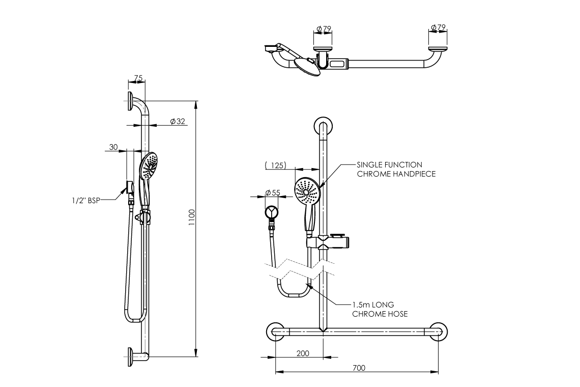 Chrome Hand Held Shower and Smooth Hose - Left Hand Inverted T Stainless Steel Grab Rail