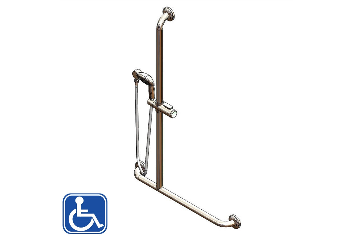 Chrome Hand Held Shower and Smooth Hose - Left Hand Inverted T Stainless Steel Grab Rail