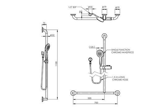 Chrome Hand Held Shower and Smooth Hose - Right Hand Inverted T Stainless Steel Grab Rail