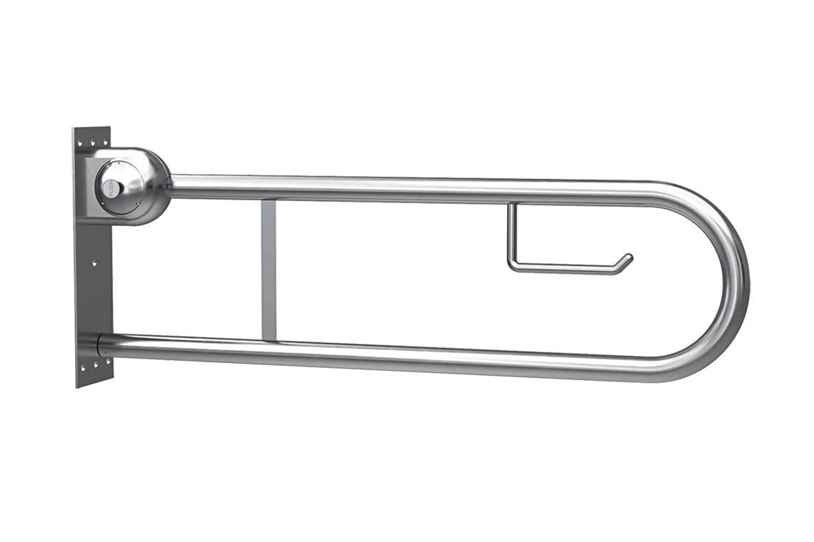 Wellbeing Fold Down Toilet Grab Rail 850mm with Safe Lock with Toilet Roll Holder - Brushed Stainless Steel