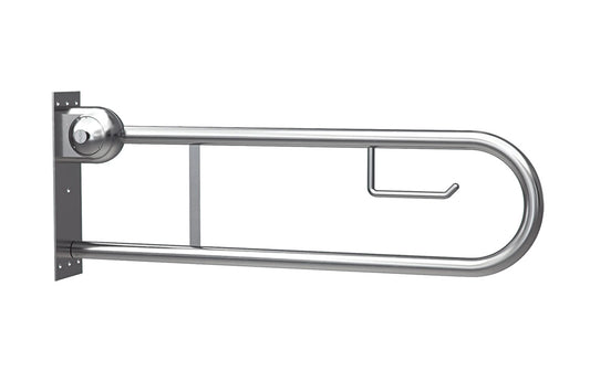 Wellbeing Fold Down Toilet Grab Rail 850mm with Safe Lock with Toilet Roll Holder - Brushed Stainless Steel