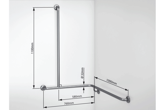 Wellbeing Grab Rail T-Shaped Shower - Corner Grab Rail - Left Hand - Brushed Stainless Steel