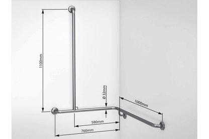 Wellbeing Grab Rail T-Shaped Shower - Corner Grab Rail - Left Hand - Brushed Stainless Steel
