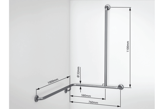 Wellbeing Grab Rail T-Shaped Shower - Corner Grab Rail - Right Hand - Brushed Stainless Steel