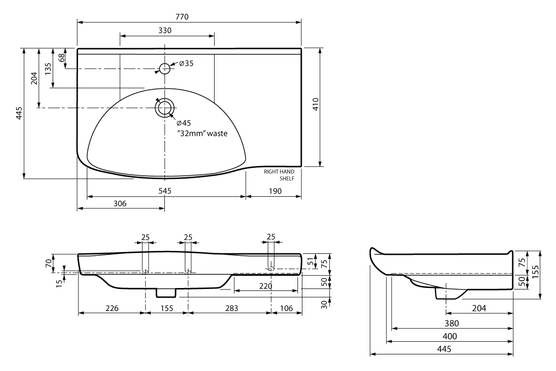 Lutana Basin 770 - Left Hand Bowl with Integrated Shelf