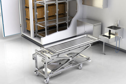 LEEC: Hydraulic Embalming Trolley - Battery - Extended Heavy Duty - 265kg - Weighing Device Attachment