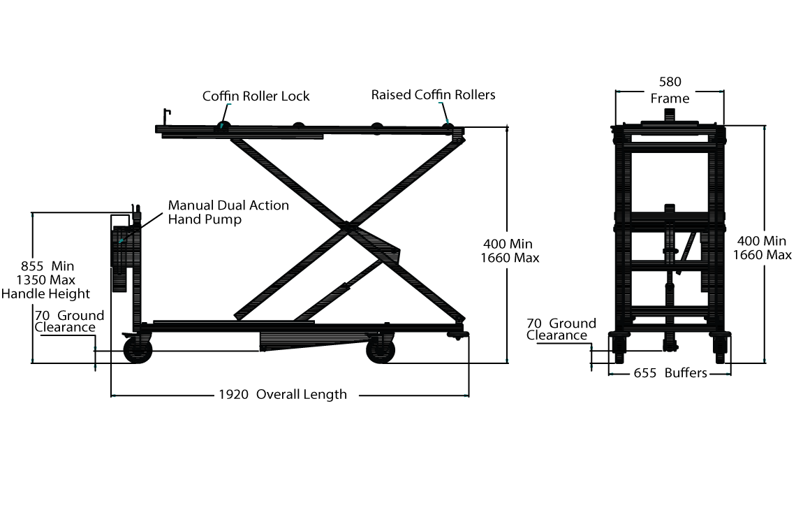 LEEC: Hydraulic Embalming Trolley - Battery - Extended Heavy Duty - 265kg - Weighing Device Attachment