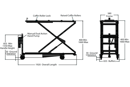LEEC: Hydraulic Embalming Trolley - Battery - Extended Heavy Duty - 265kg - Weighing Device Attachment