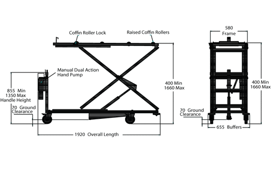 LEEC: Hydraulic Embalming Trolley - Battery - Extended Heavy Duty - 265kg - Weighing Device Attachment