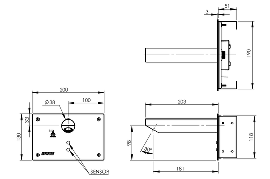 Wall Mounted Sensor Tap: Hands-Free - 205mm Spout