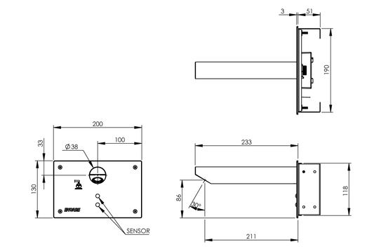 Wall Mounted Sensor Tap: Hands-Free - 250mm Spout