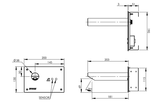 Wall Mounted Sensor Tap: Hands-Free On/Off Demand Sensor - 205mm Spout