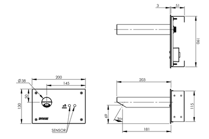 Wall Mounted Sensor Tap: Hands-Free On/Off Demand Sensor - 205mm Spout