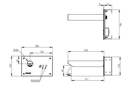 Wall Mounted Sensor Tap: Hands-Free On/Off Demand Sensor - 250mm Spout