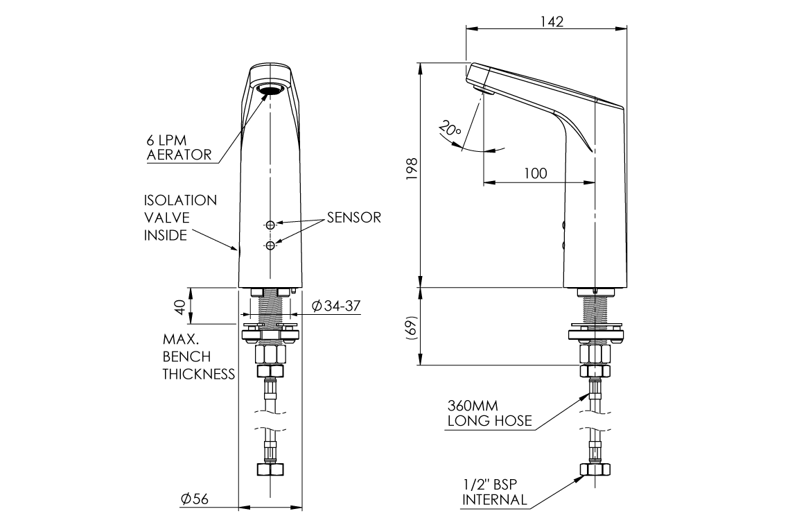 Purus Hands Free Sensor Tap - Single Temp. 6V Battery - Matte Black PVD