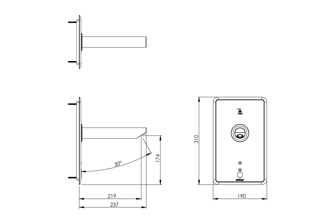 Touch-Free Wall Sensor Tap Auto Sense - Front of Wall Component - 230mm Spout - Mains/Battery 6 Lpm Laminar