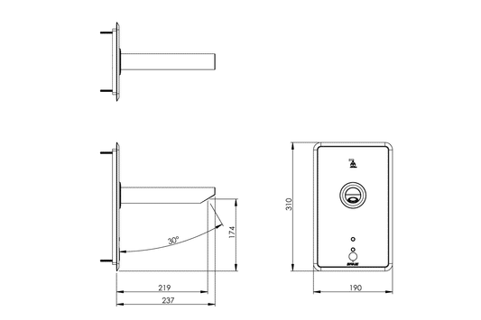 Touch-Free Wall Sensor Tap Auto Sense - Front of Wall Component - 230mm Spout - Mains/Battery 6 Lpm Laminar