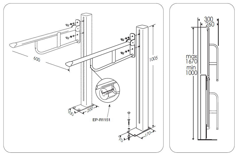 Pressalit Care: Free Standing Toilet Support Arm - Adjustable Height