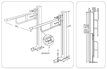 Pressalit Care: Free Standing Toilet Support Arm - Adjustable Height